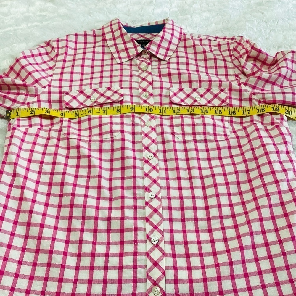 Talbots Pink White Gingham Checkered Metallic Button Up Top Shirt M Cotton - Picture 9 of 11